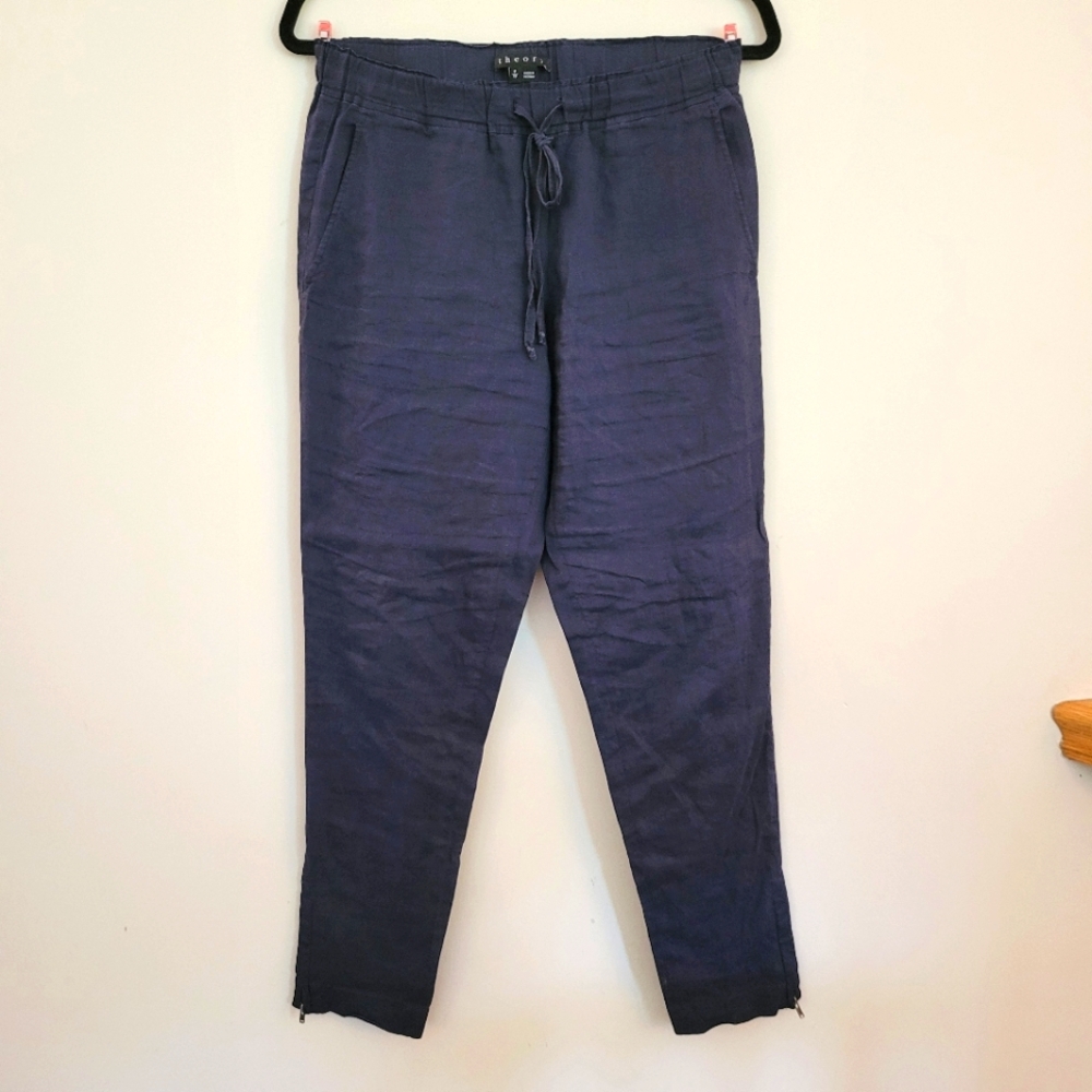 Theory Linen Joggers Navy Tall Size 0 Summer Quiet Luxury Classic Classt